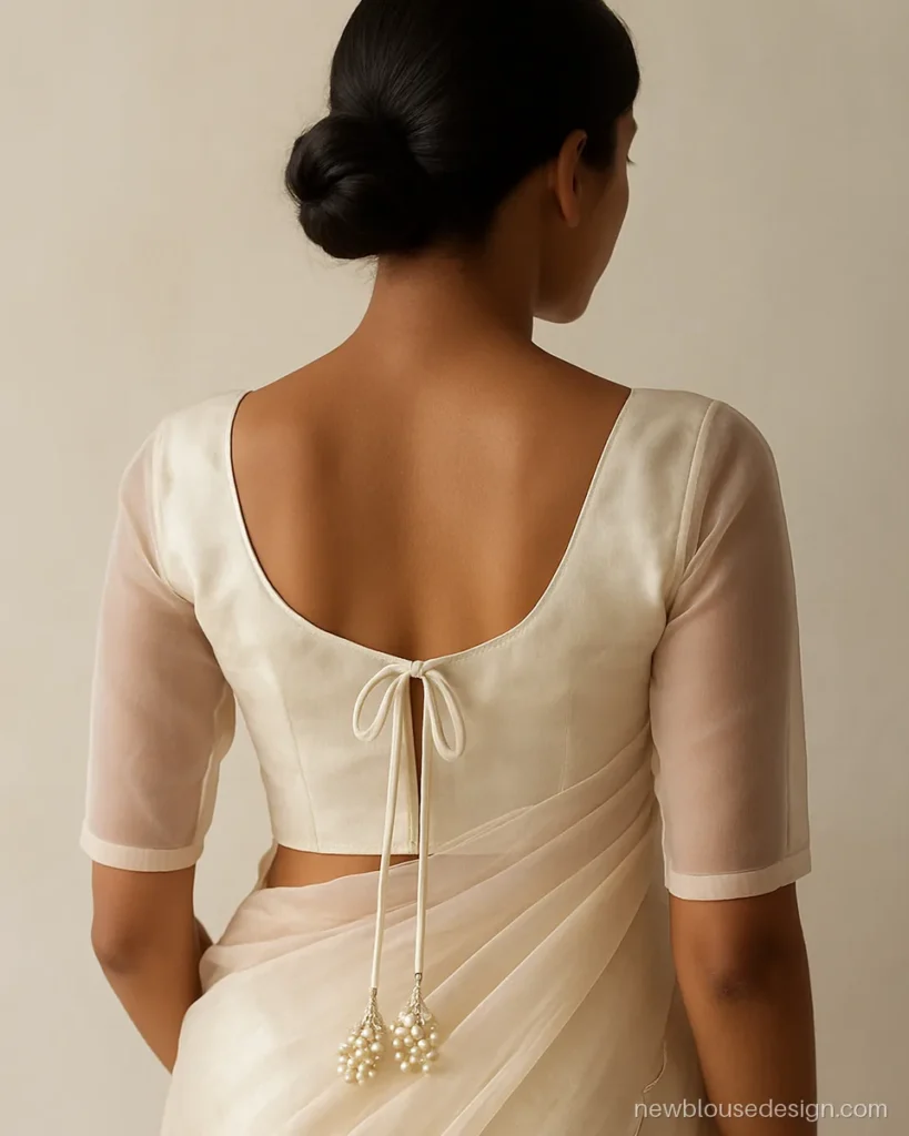 Ivory organza blouse with deep U back and pearl cluster latkans