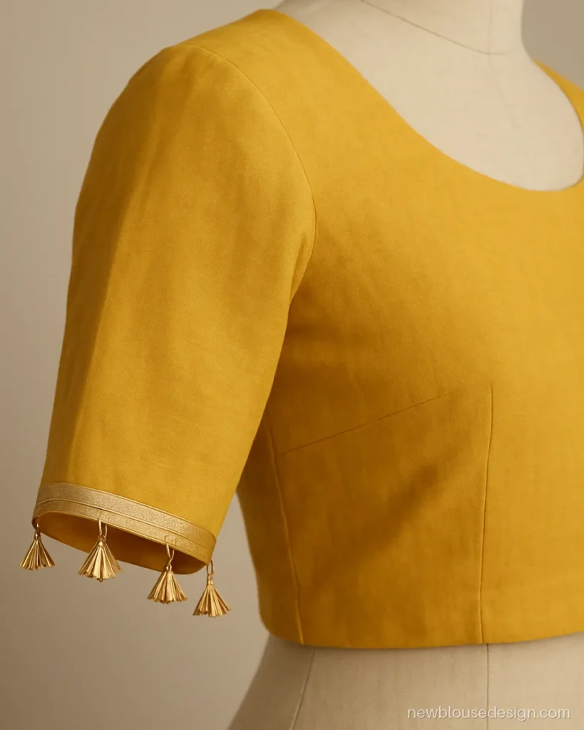 Yellow cotton blouse sleeve with small gota latkans along the hem