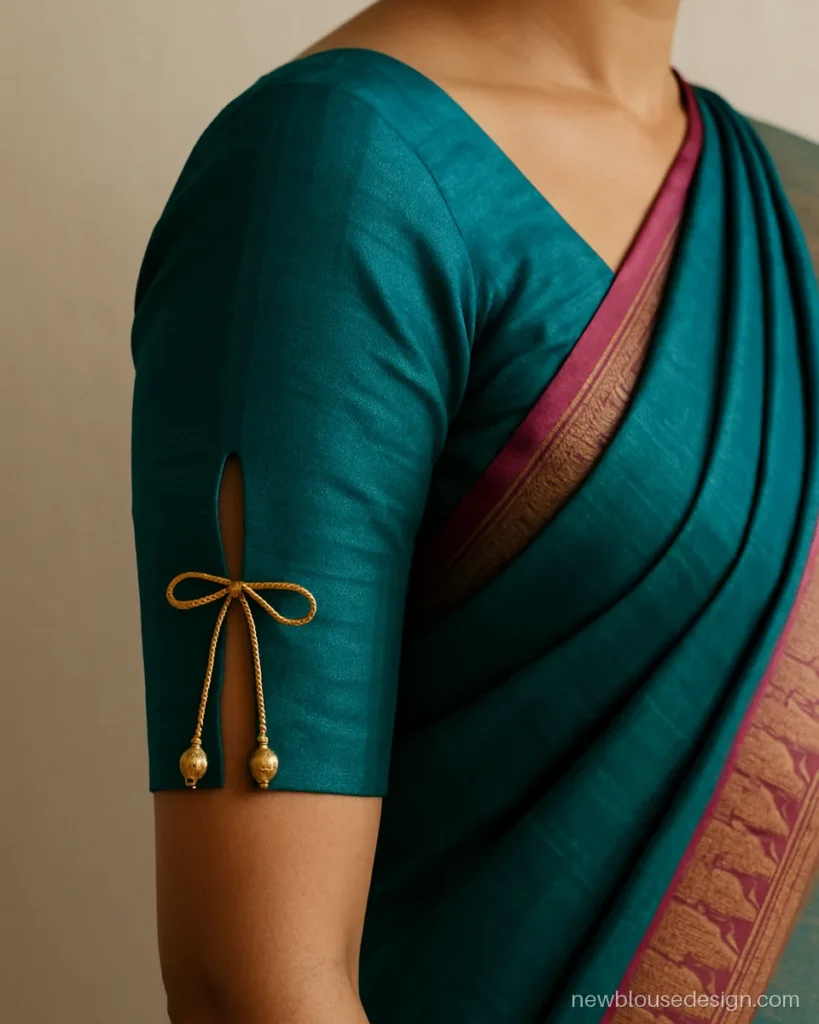 Teal silk blouse sleeve with side slit tied by a beaded latkan dori