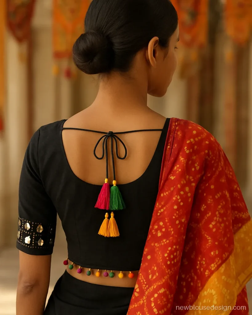 Black cotton blouse back with multicolour pom-pom and tassel latkans for Navratri