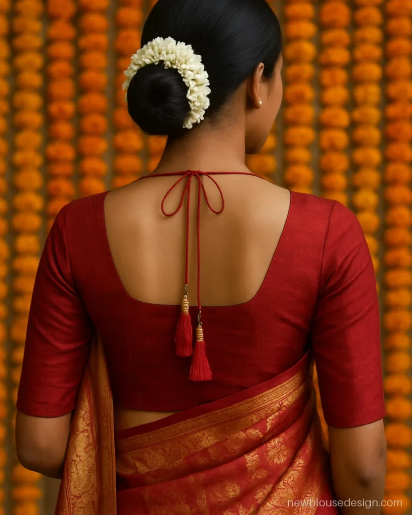 Red silk blouse back with square neck and long silk thread tassels