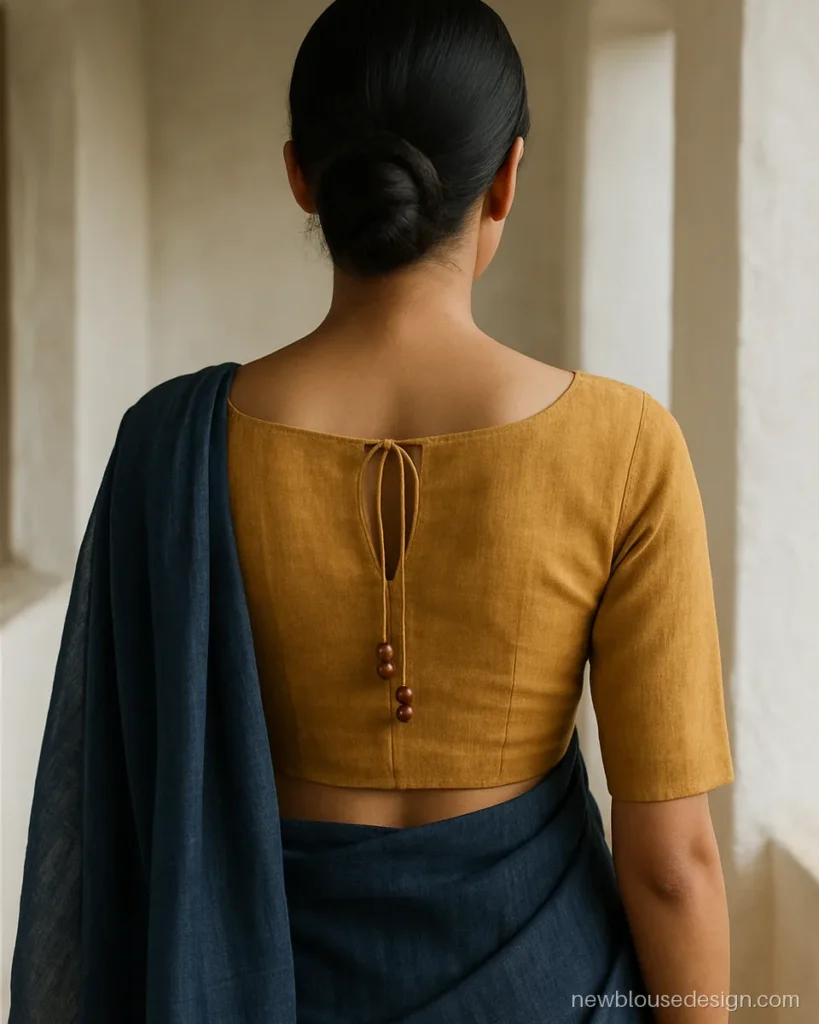 Mustard khadi blouse back with boat neck and wooden bead latkans