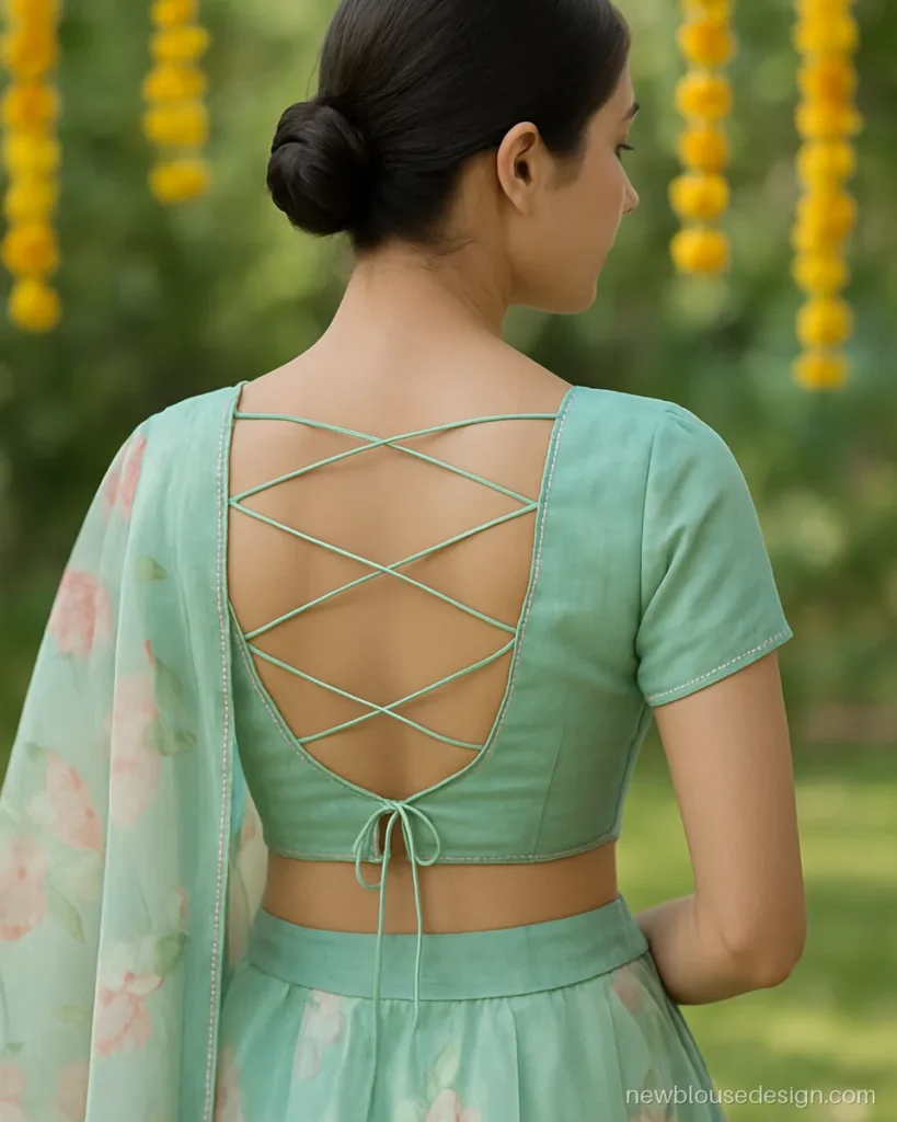Mint organza lehenga blouse back design with criss-cross dori ladder and sequin edging