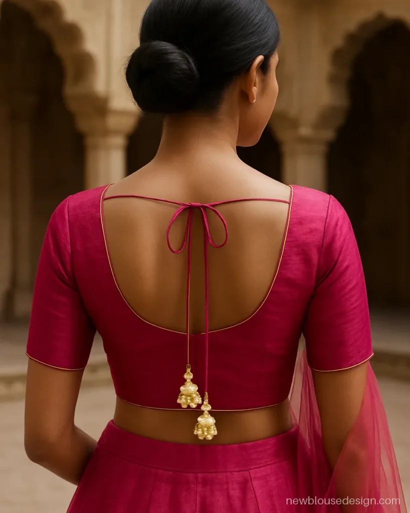 Lehenga blouse design back with deep U neck and pearl latkan dori in rani pink