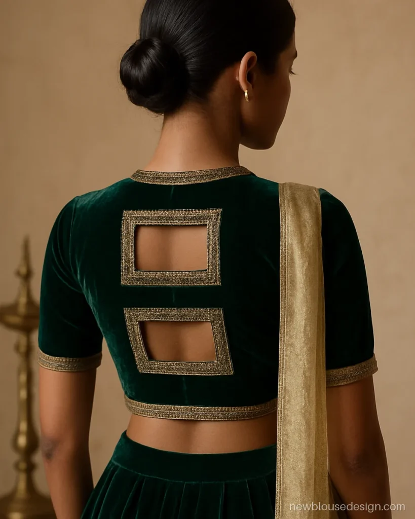 Emerald velvet lehenga blouse back with two stacked window cut-outs and zardozi border