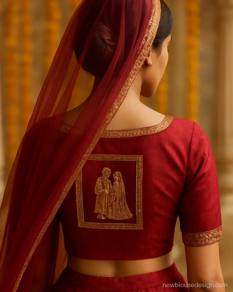Bridal red lehenga blouse back with embroidered couple motif and heavy zari border