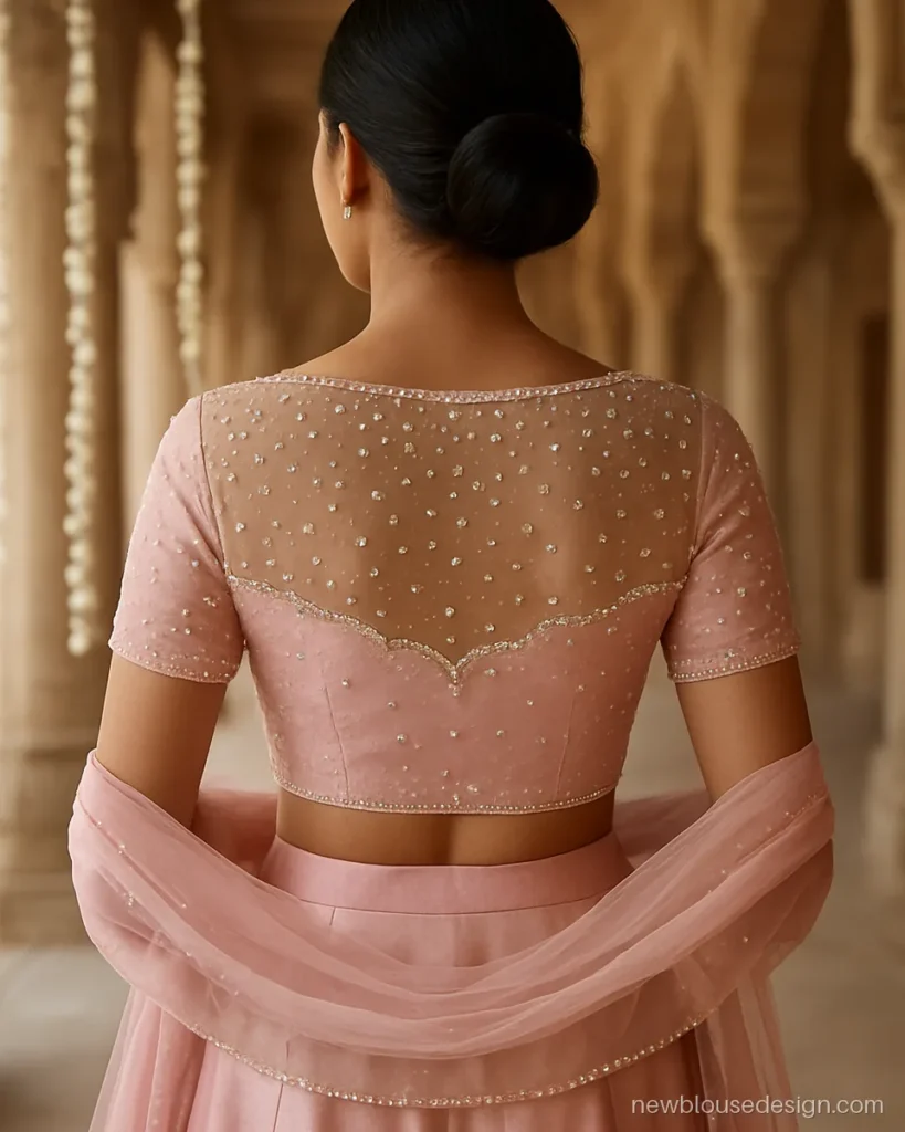 Pastel pink bridal lehenga blouse design back with sheer embroidered yoke and pearl drops