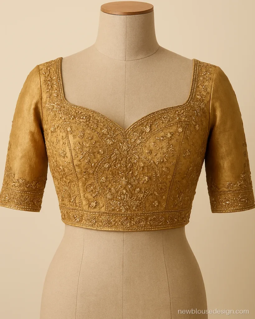 Bridal lehenga blouse front in gold tissue with sweetheart plunge and maggam work