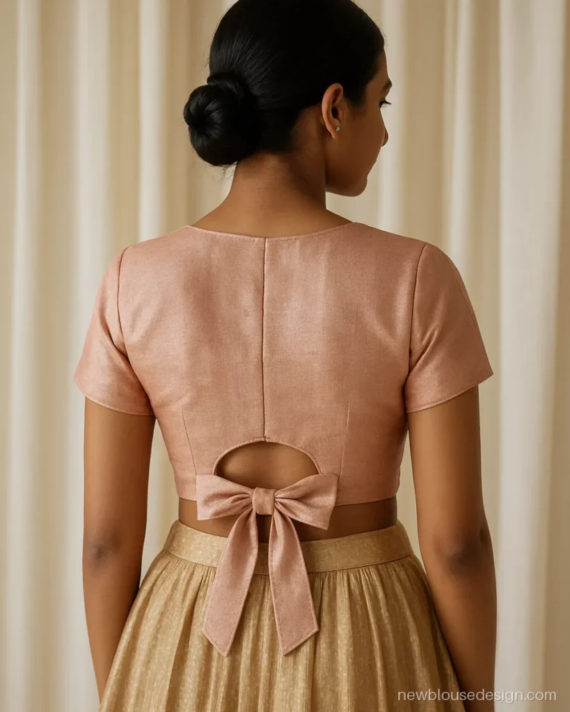 Back of a blush tissue crop top lehenga blouse with a wide bow tie