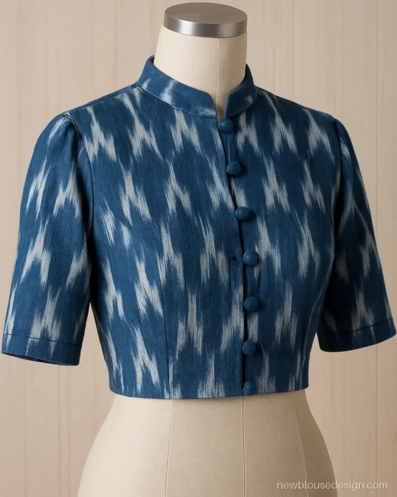 Indigo ikat crop top lehenga blouse with small band collar and button placket