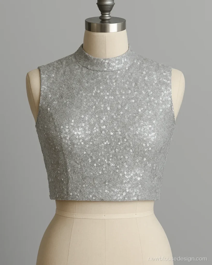 Crop top lehenga blouse design in silver sequins with high neck and straight hem