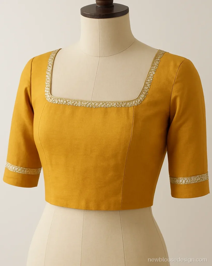 Mustard lehenga blouse front design with square neck and gota patti border