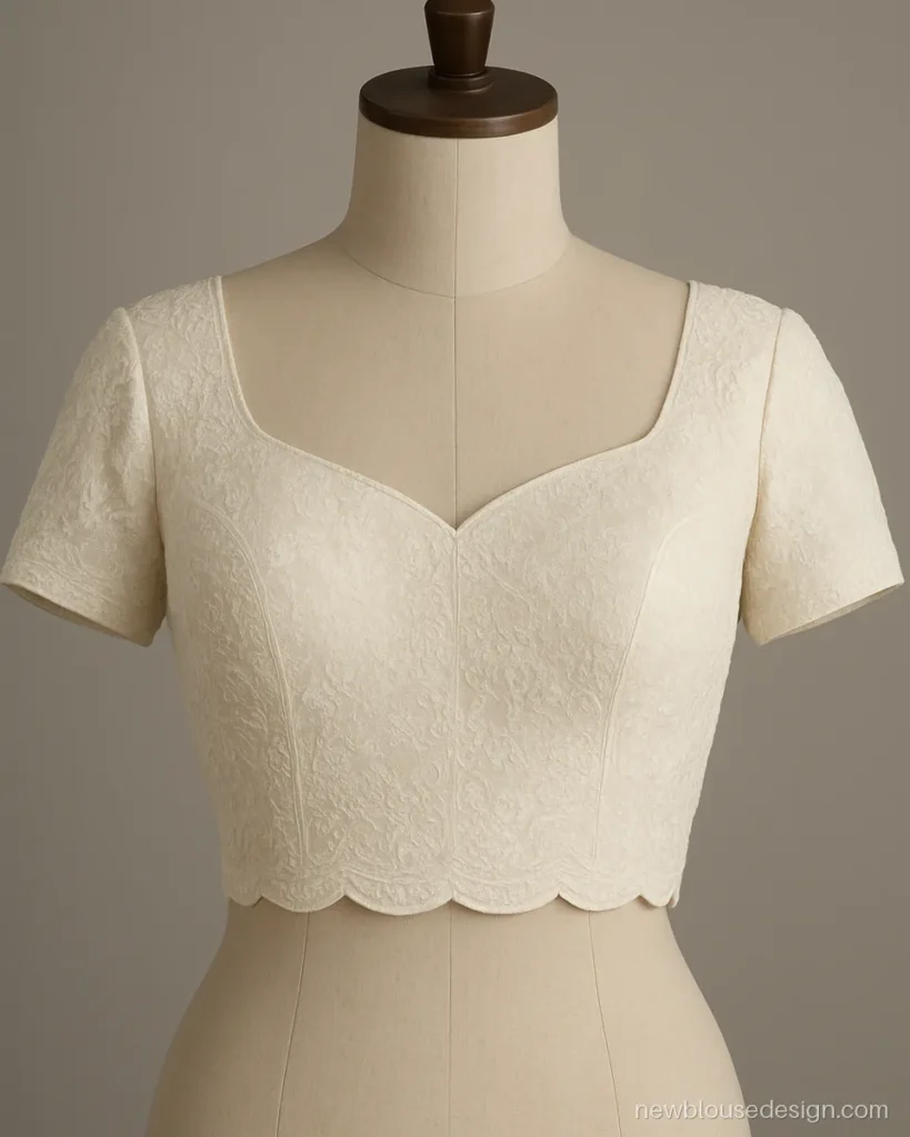 Front view of an ivory chikankari lehenga blouse with sweetheart neck and scalloped hem