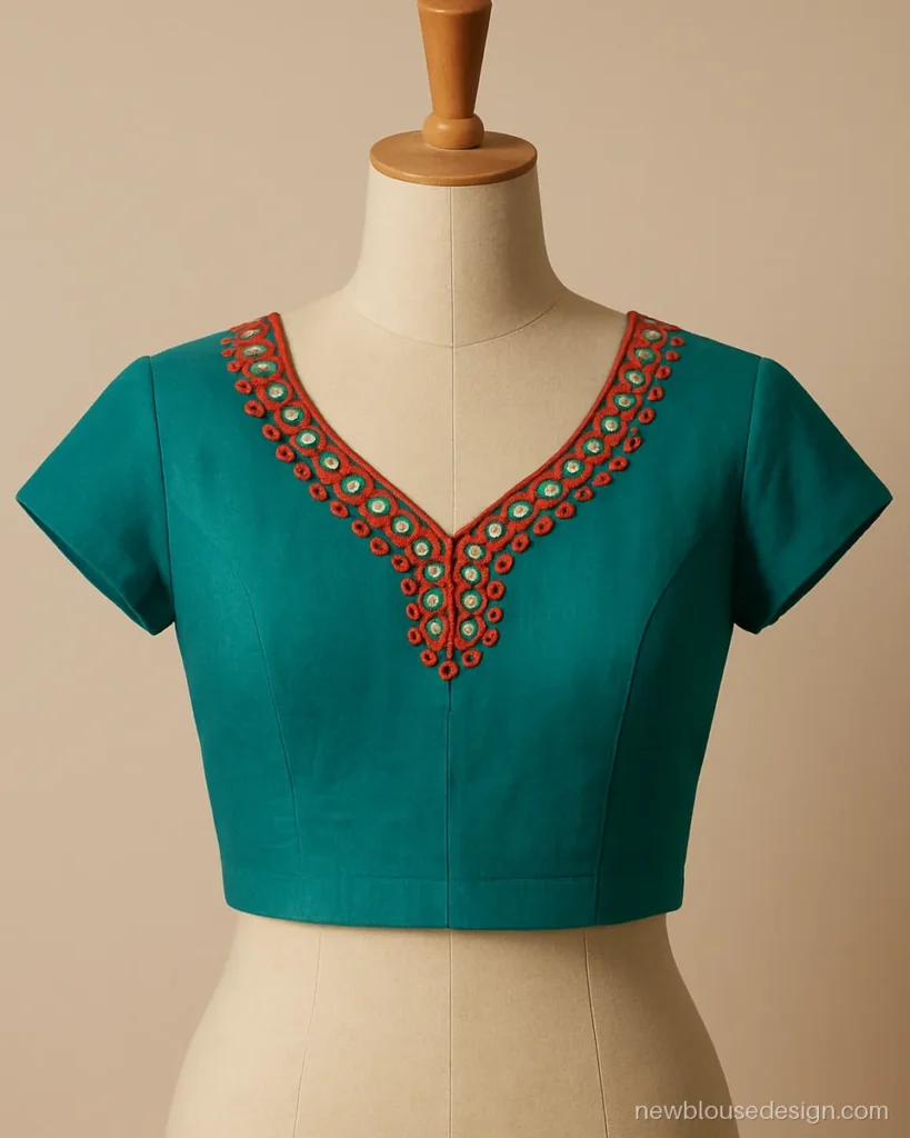 Teal lehenga blouse design front with V neck and small mirror work panel