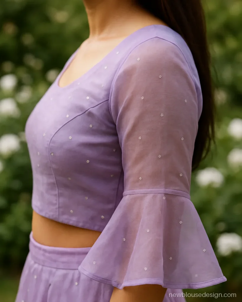 Lilac organza lehenga blouse sleeves design with full length bell cuffs