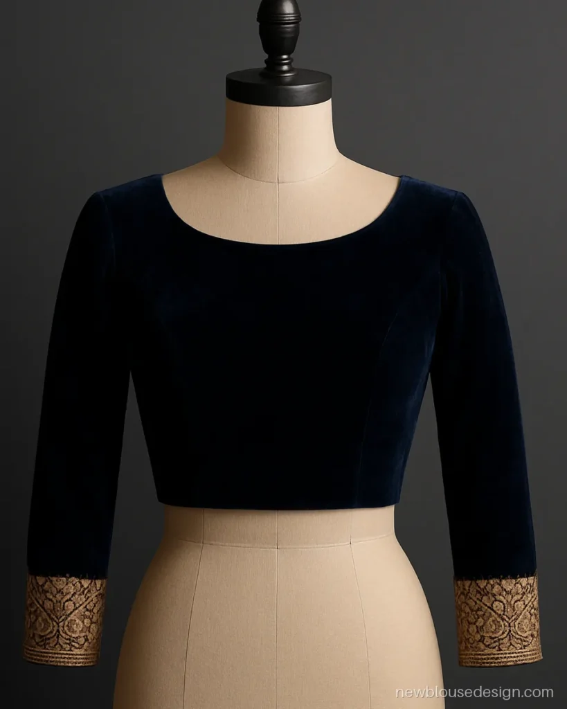 Navy velvet full sleeves lehenga blouse with zardozi cuffs on a dress form