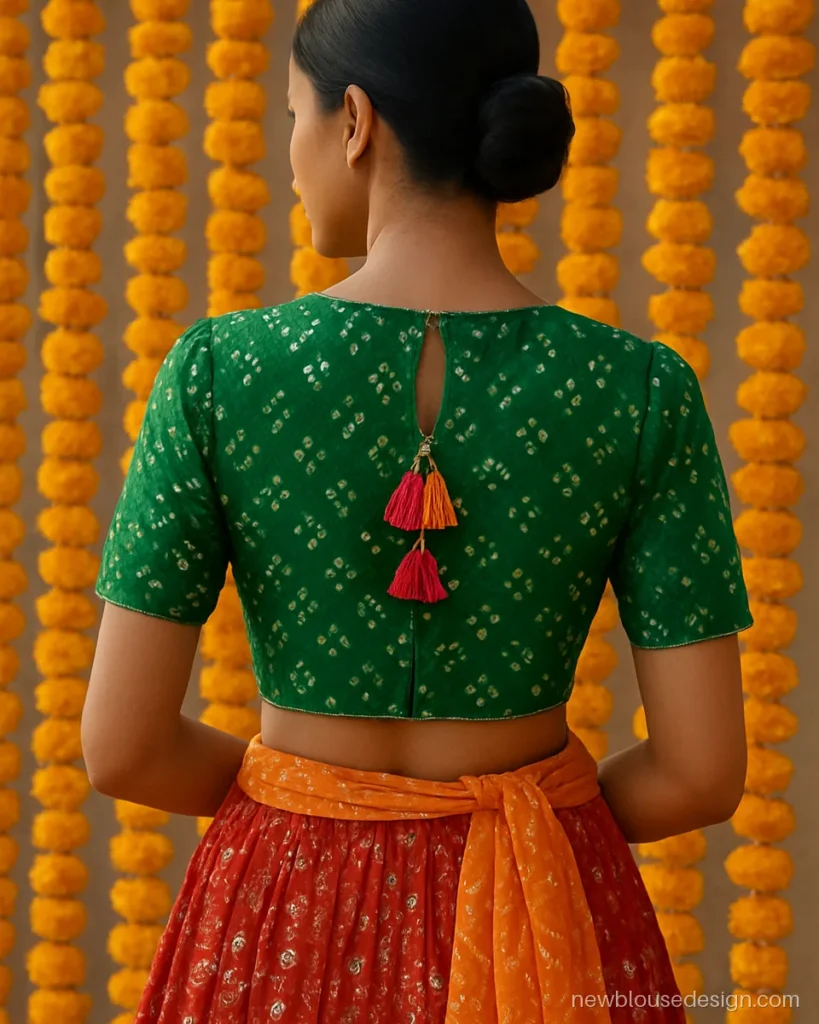Ghagra blouse back design in green bandhani with small keyhole and tassels