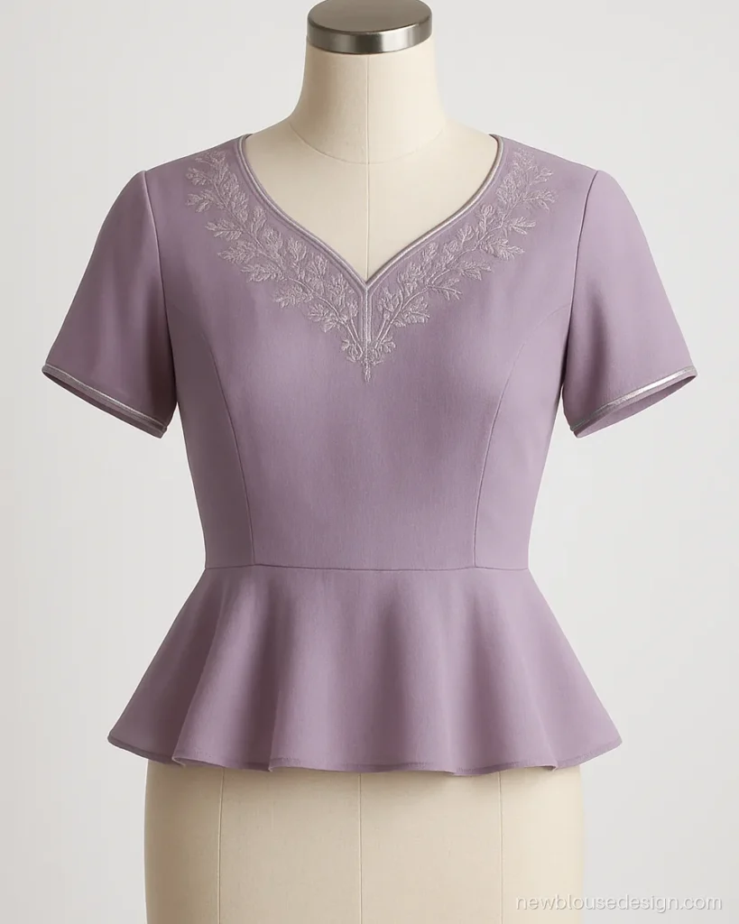Lavender peplum choli for a young woman with flared hem on a dress form