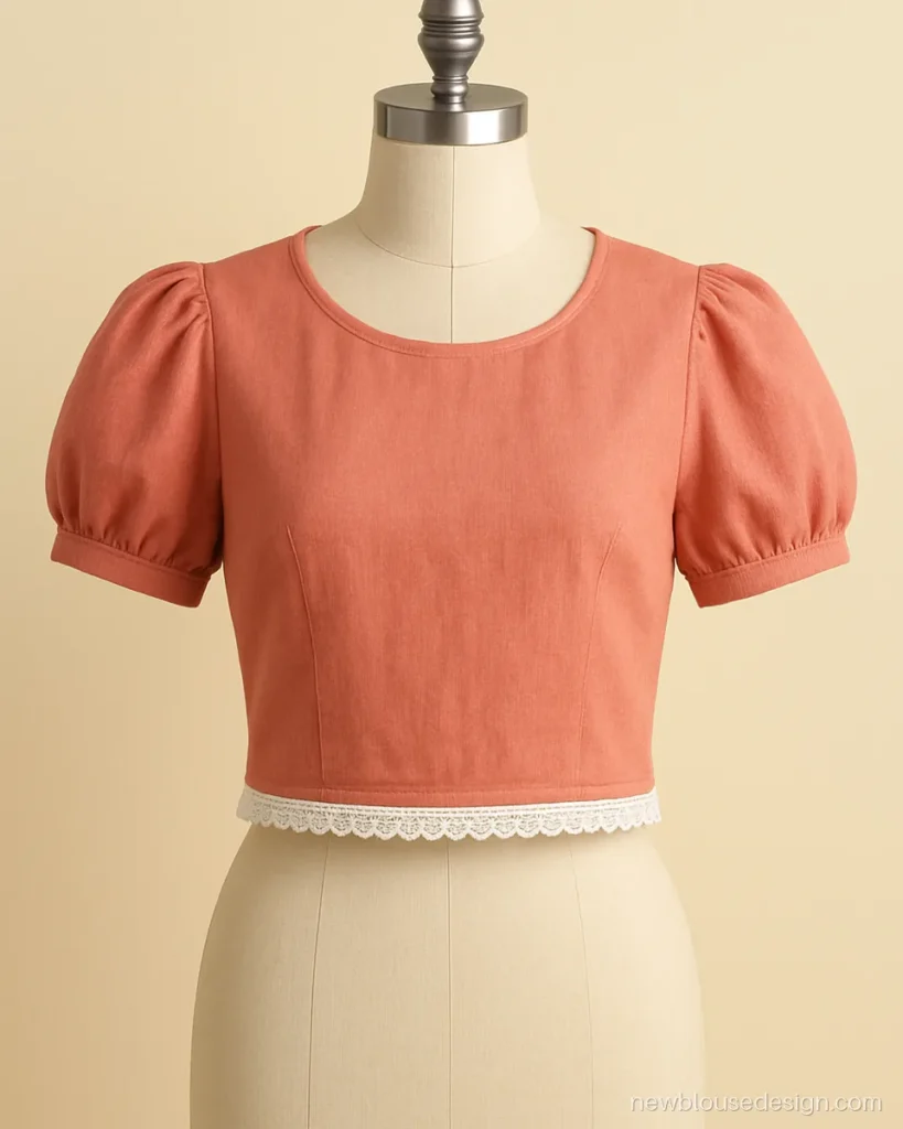 Lehenga blouse design for girl in coral cotton with puff sleeves and lace hem