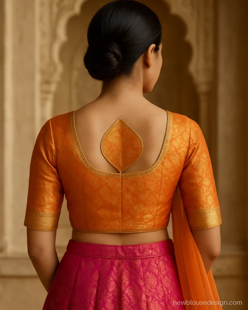 Orange Banarasi lehenga blouse back with paan shaped neck and matching zari front border