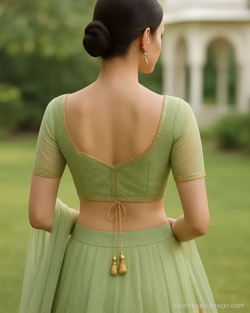Pistachio net lehenga blouse back with sweetheart cut and matching sweetheart front