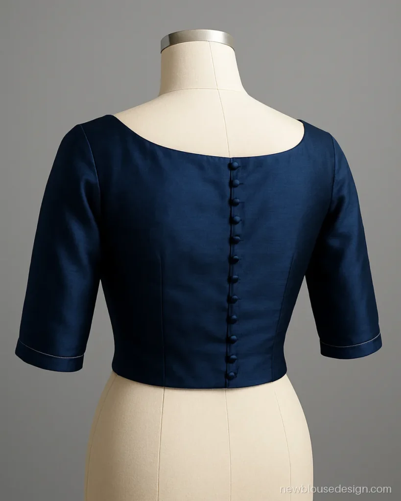Ink blue silk lehenga blouse front with boat neck and back button row on dress form