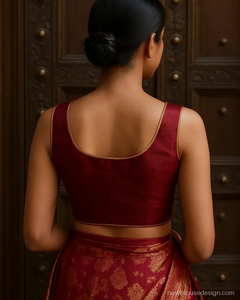 Wine silk sleeveless lehenga blouse design with broad straps and gold piping back