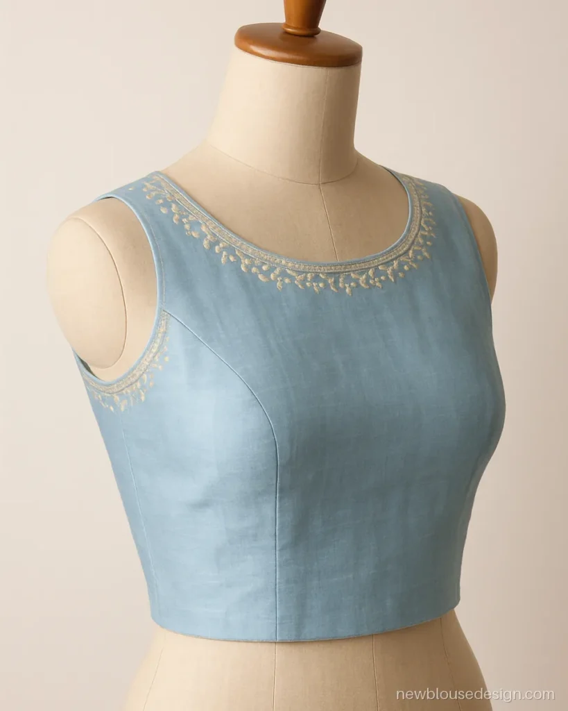 Sky blue sleeveless choli with cut-in shoulders and thread embroidered neckline on dress form
