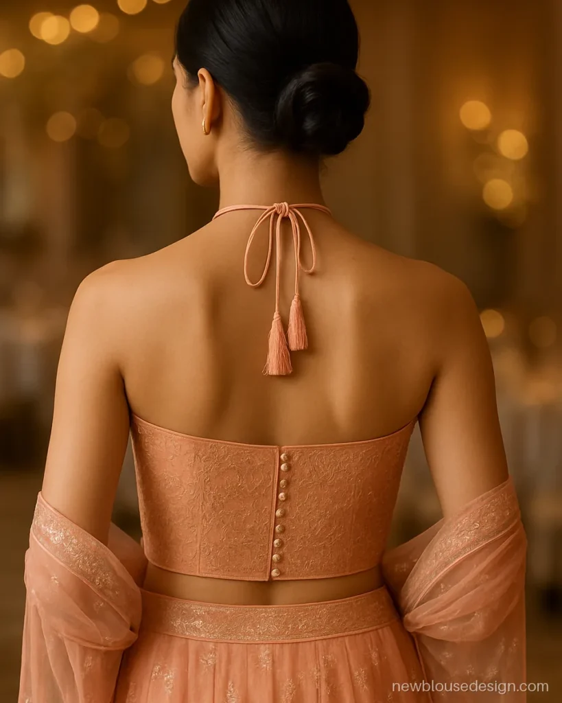 Peach net sleeveless lehenga blouse with halter neck tie and pearl edged back