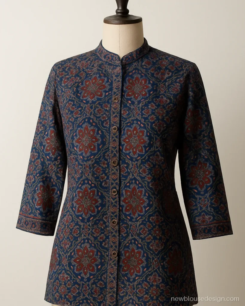 Indigo Ajrakh long blouse with mandarin collar and front buttons