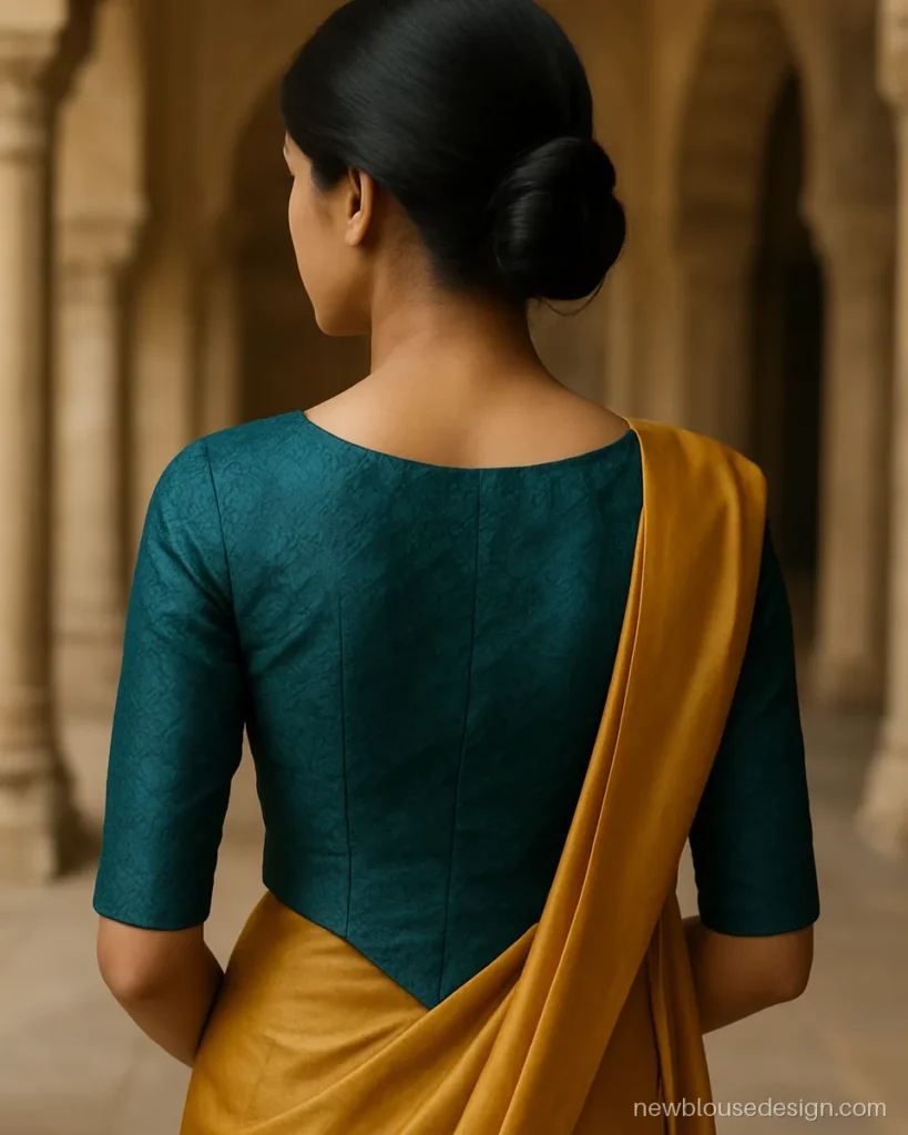 Fish cut blouse design in teal brocade with curved hem dipping at the back