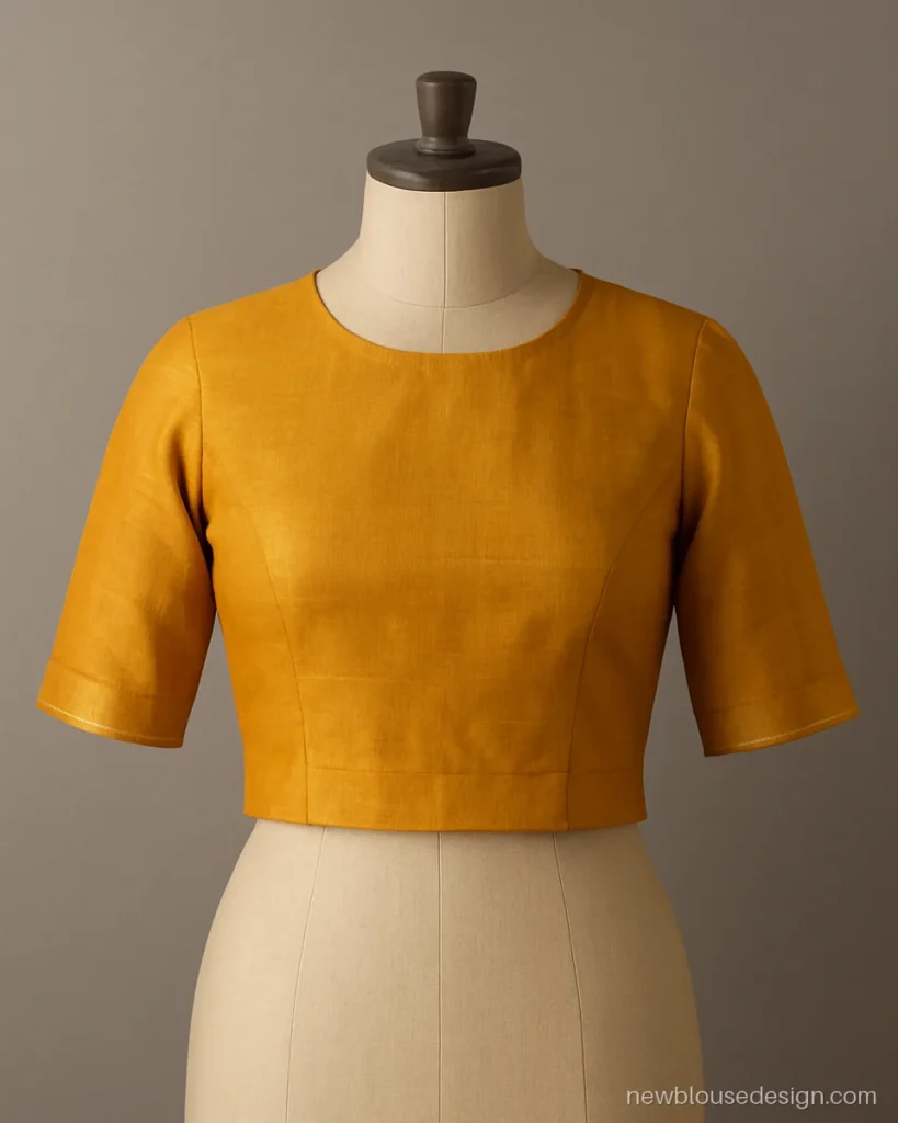 Waist length long blouse design for saree in ochre silk with side slits