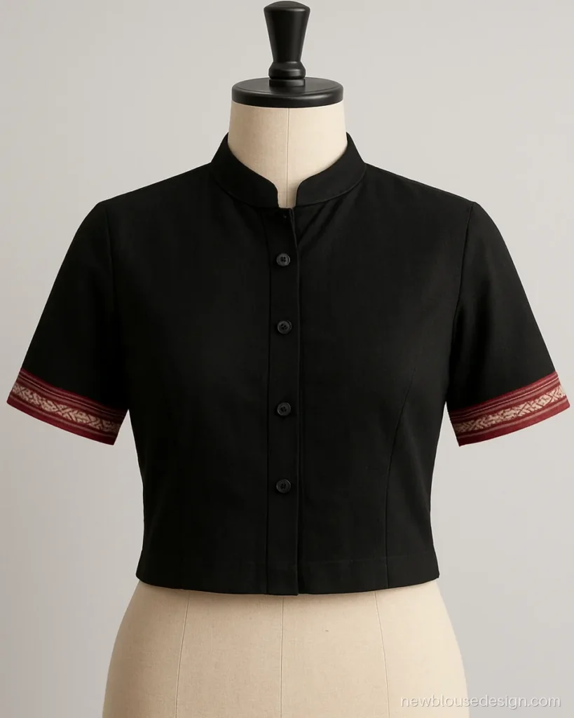 Black Ilkal saree blouse with small collar and red border front view