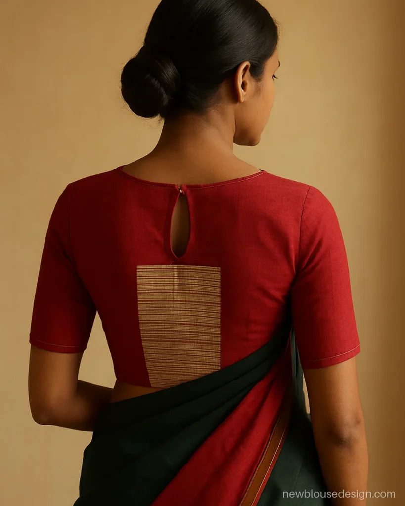 Irkal saree blouse design back with red pallu pattern panel and keyhole