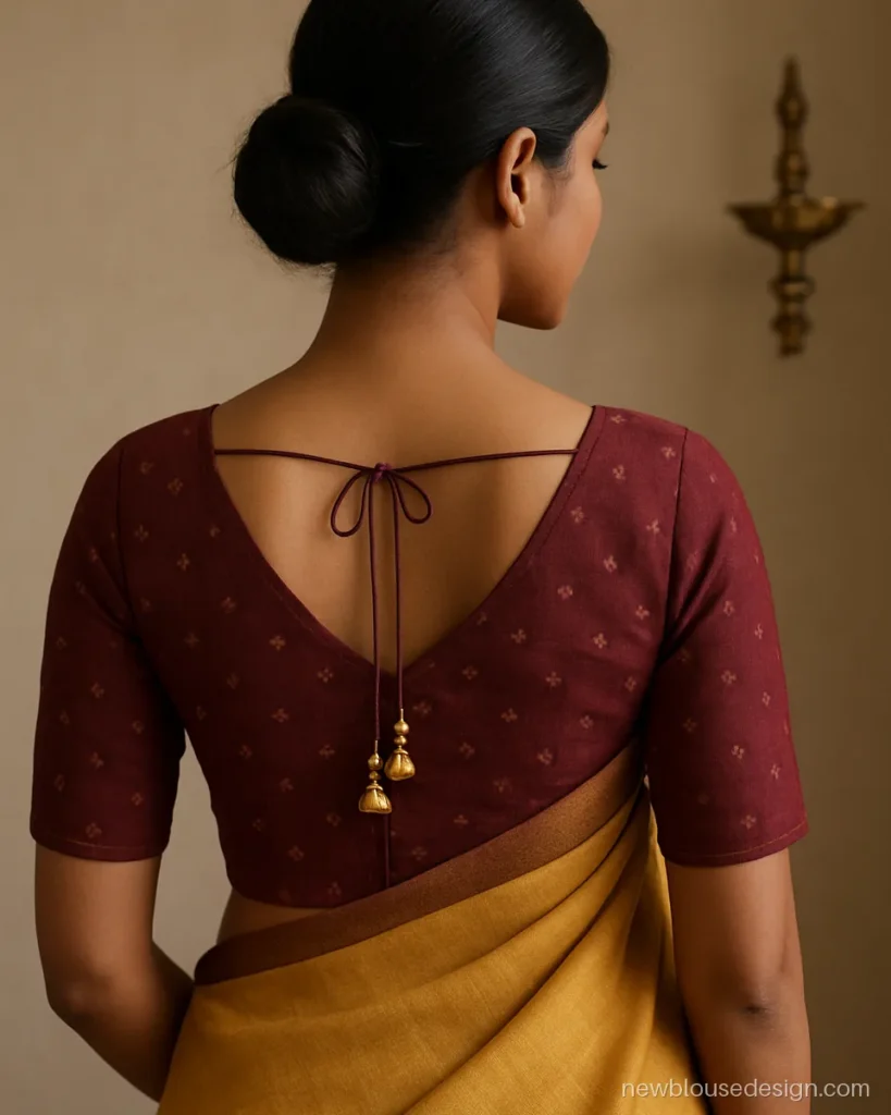 Back neck khan blouse design in maroon with V neck and small latkans