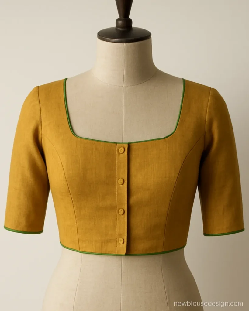 Mustard khan blouse front with square neck and green piping on a dress form