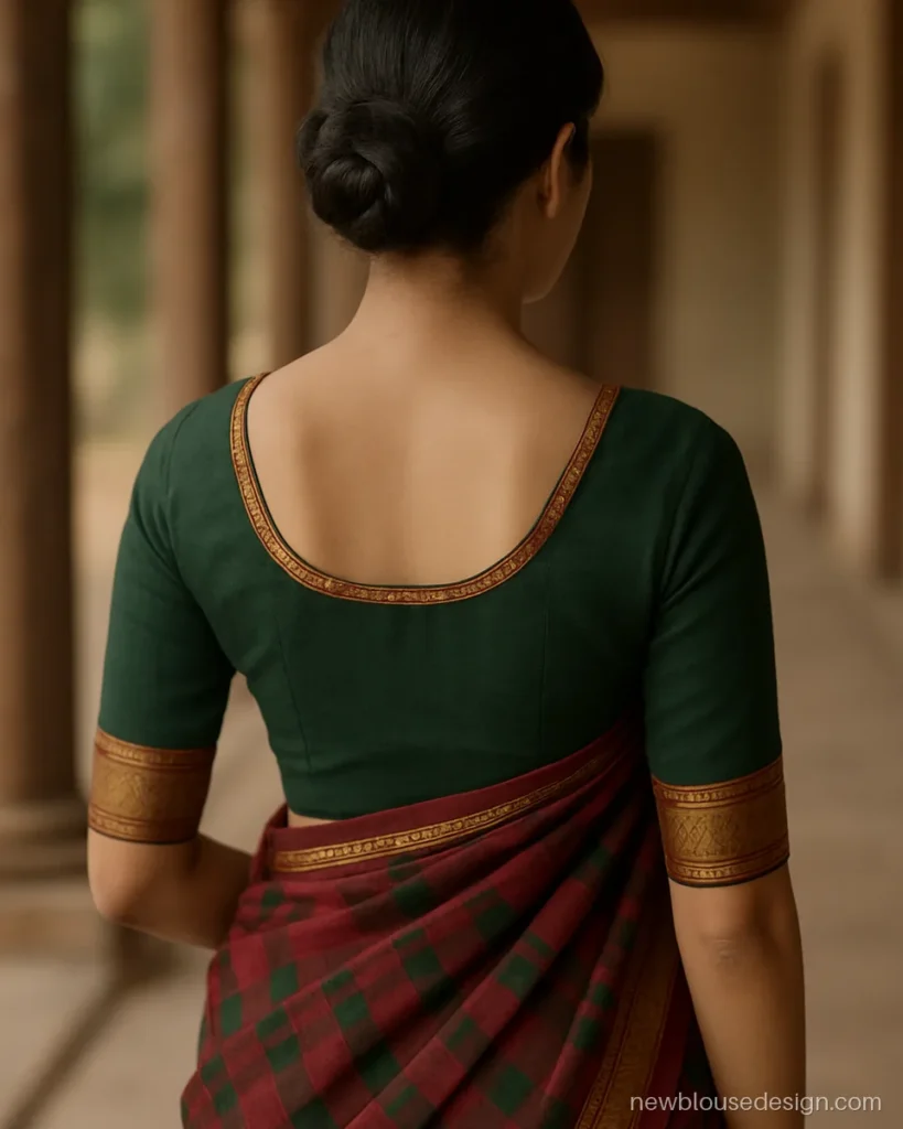 Narayan peth saree blouse design back with temple border on dark green cotton silk