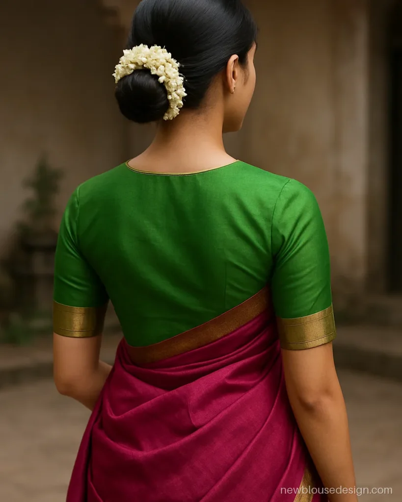 Traditional nauvari blouse design back in parrot green with round neck and elbow sleeves