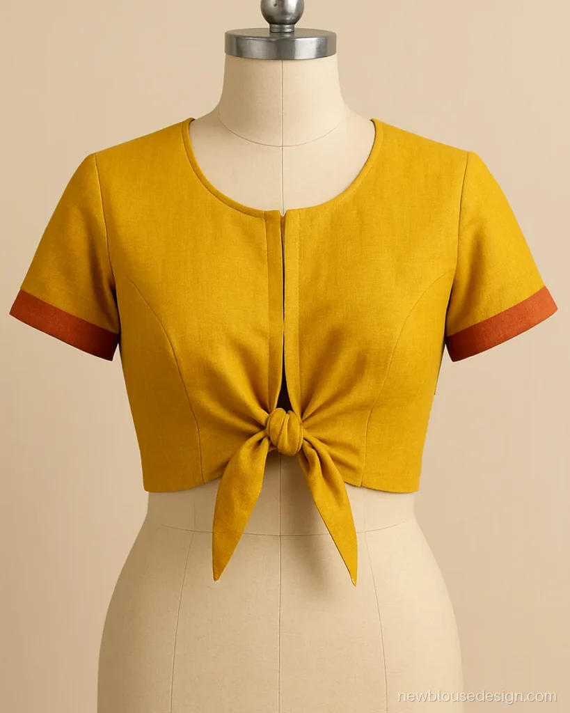 Nauvari saree blouse design front with tie knot and short sleeves in yellow khan
