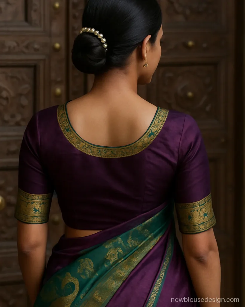 Peshwai saree blouse design back with Paithani peacock border on purple silk