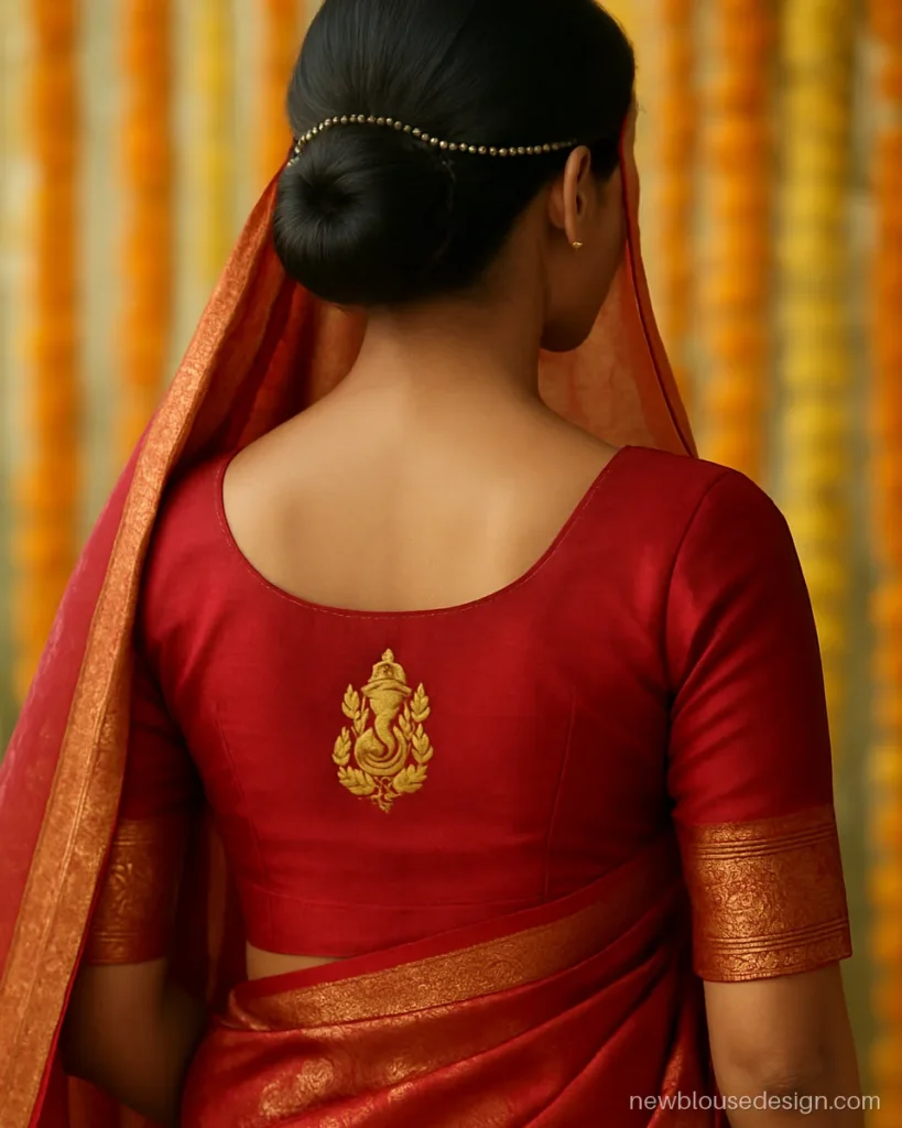 Shalu blouse design back side with zari Ganesh motif on red silk