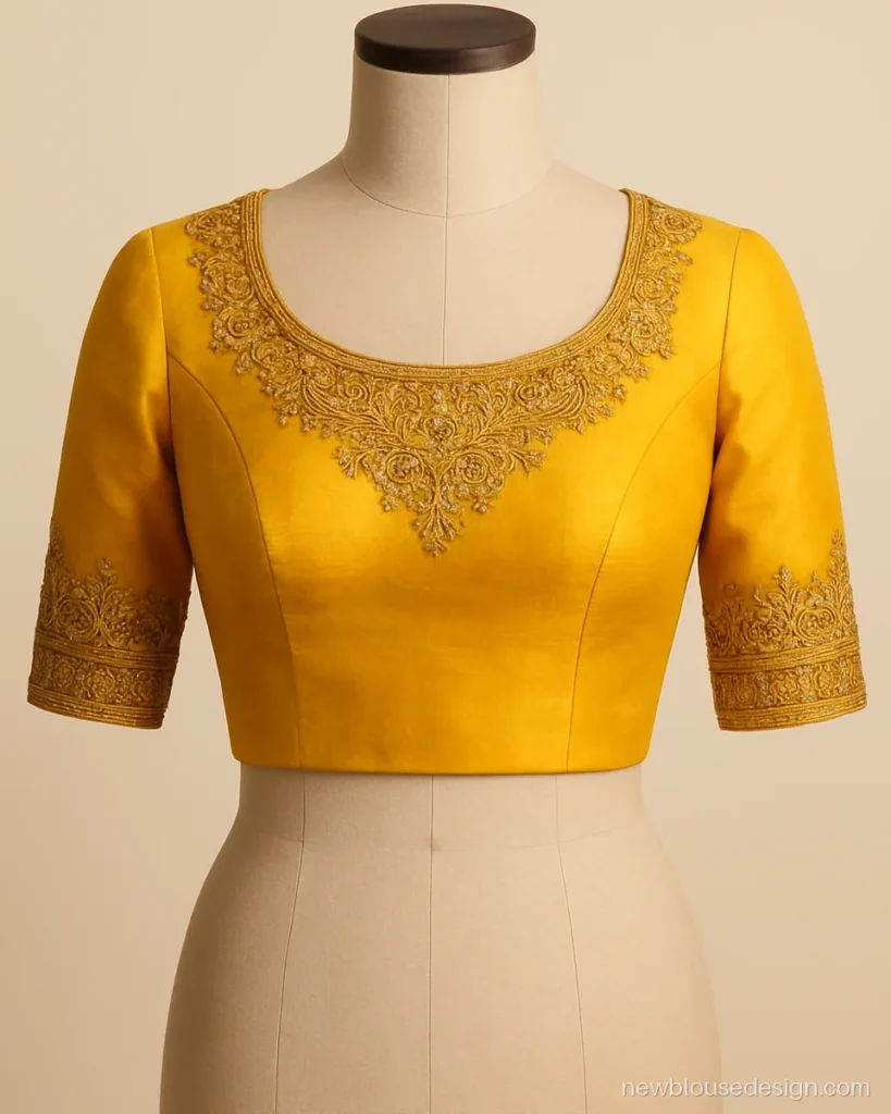 Mango yellow shalu blouse design front with maggam work on neck and sleeves