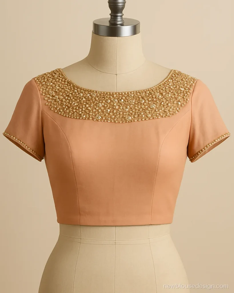 Peach blouse with cutdana and bead yoke on a boat neck front