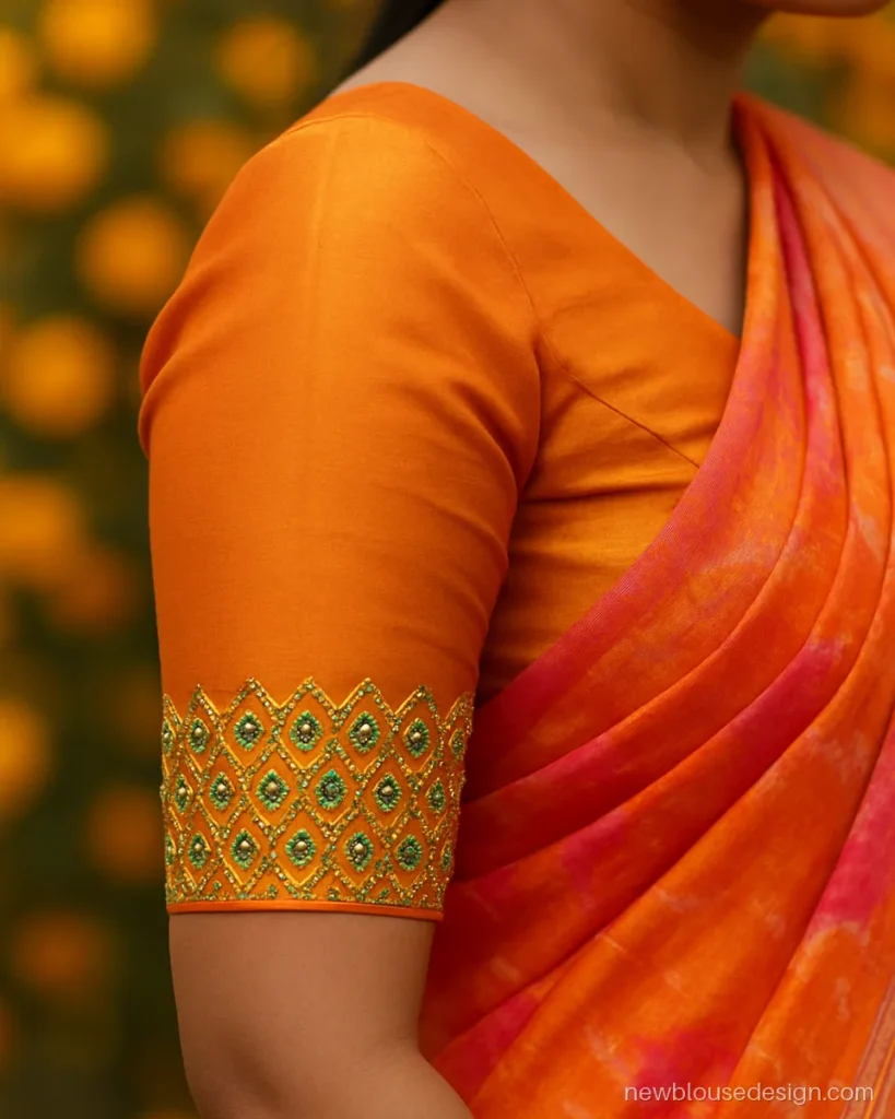 Blouse sleeve beads design in orange silk with tablet beads in diamond pattern