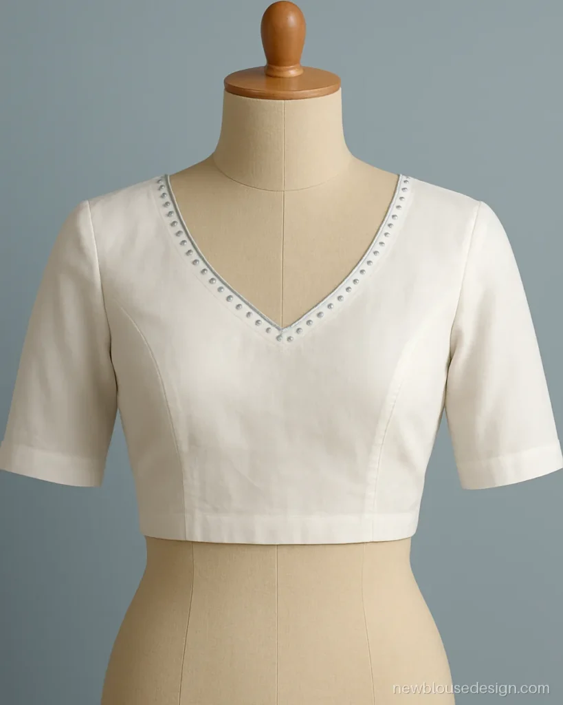 White blouse mirror work design with V neck border of small mirrors
