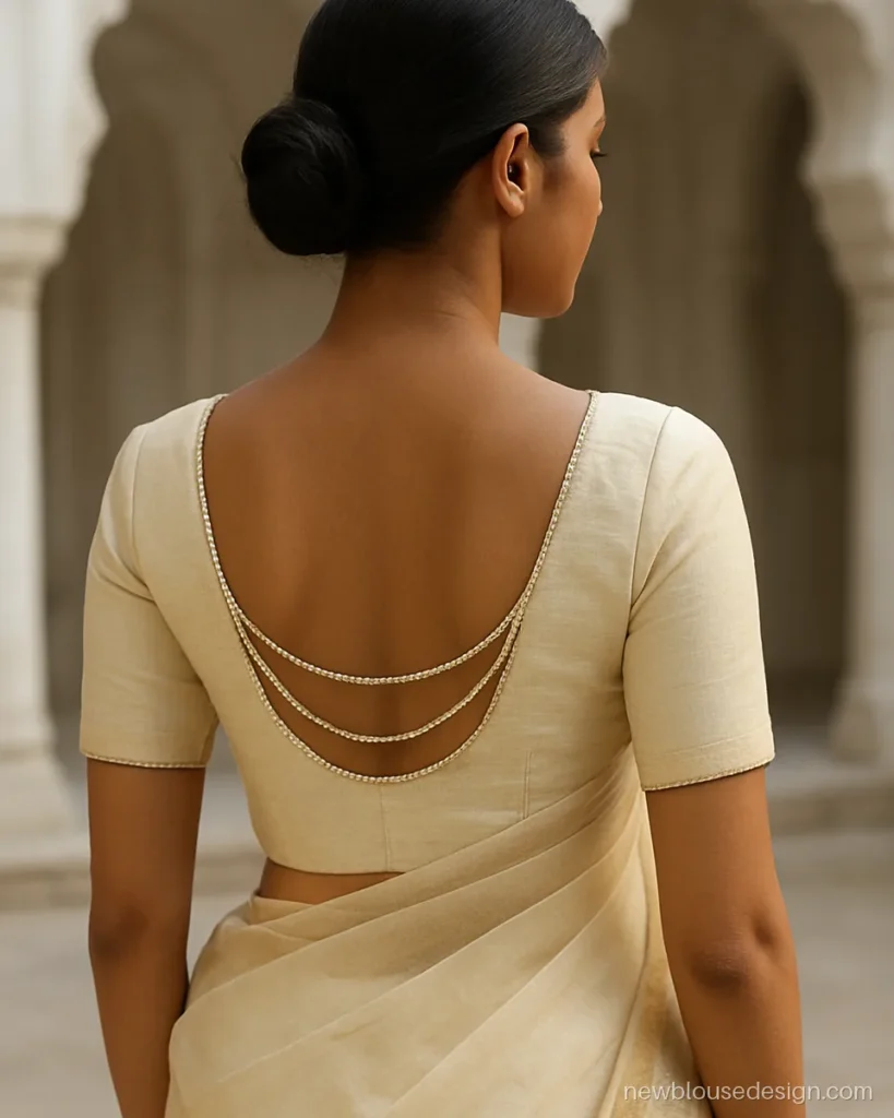 Moti blouse back design with pearl strings hanging across an ivory U gala