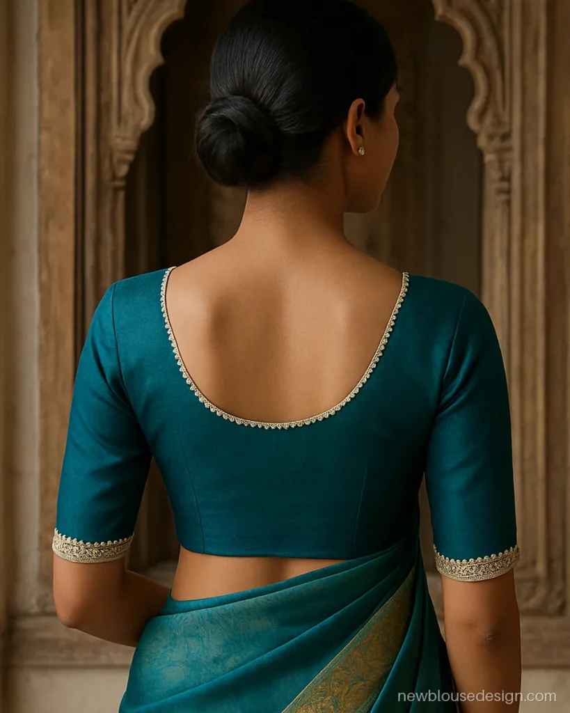 Moti lace blouse design in teal with pearl lace at neck and sleeves