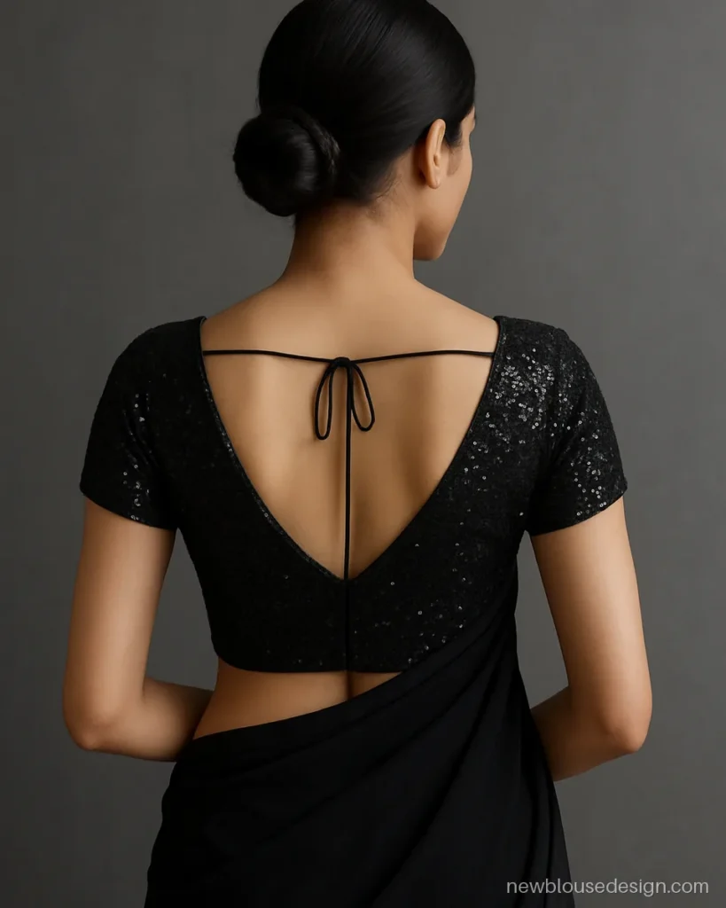 Stylish black sequin blouse back design with deep V and allover sparkle