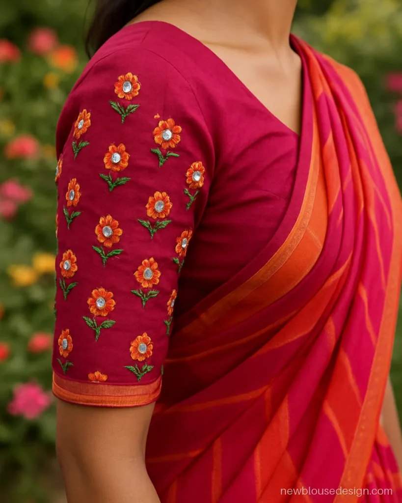 Rani pink silk blouse with mirror and thread work on elbow sleeves