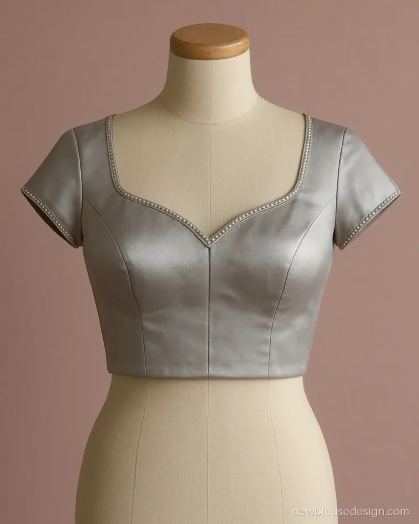 Stone saree blouse design in silver grey with crystal sweetheart neckline